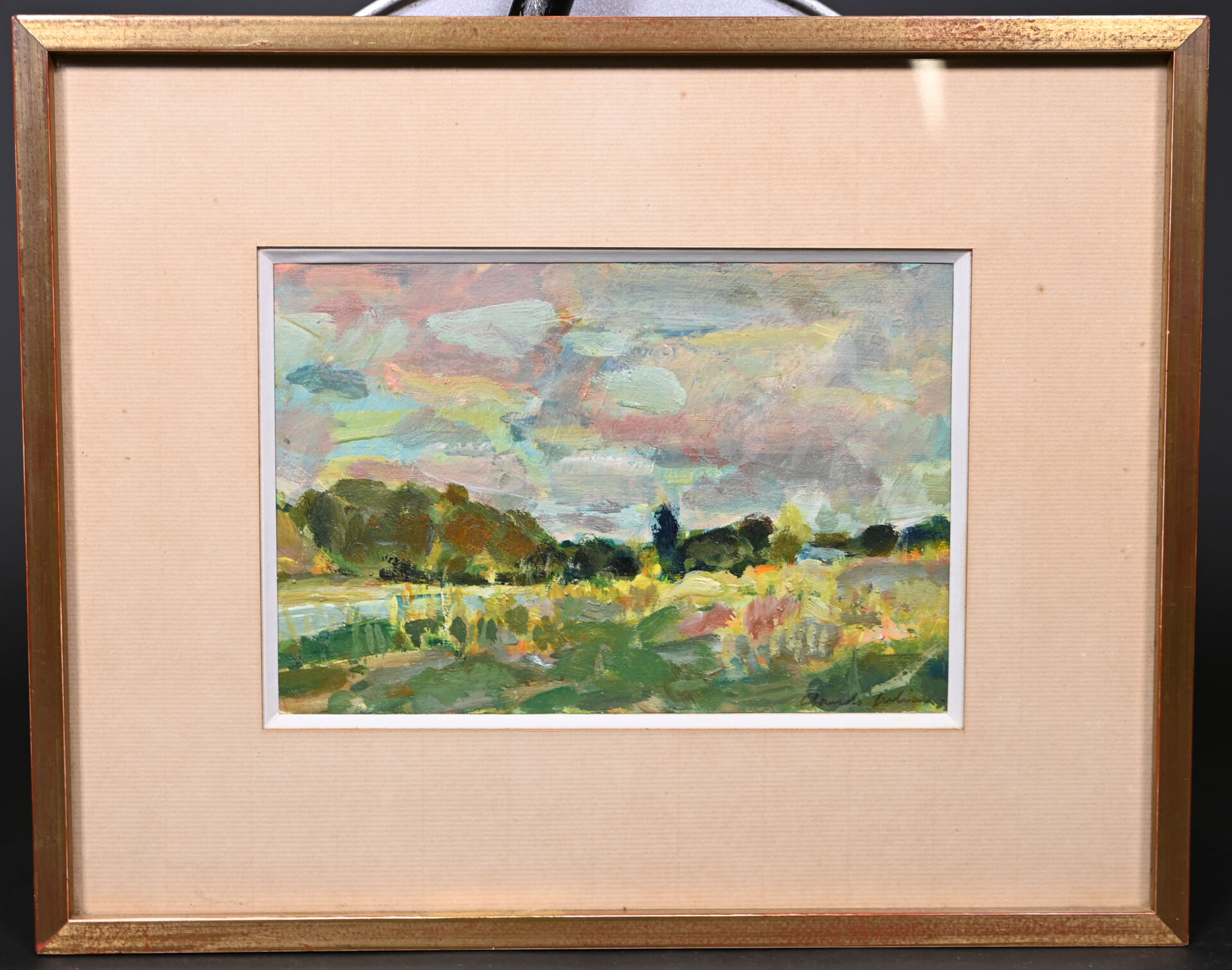 Claude JULIAN (XXème). Paysage à la rivière. Huile sur carton signée en ...