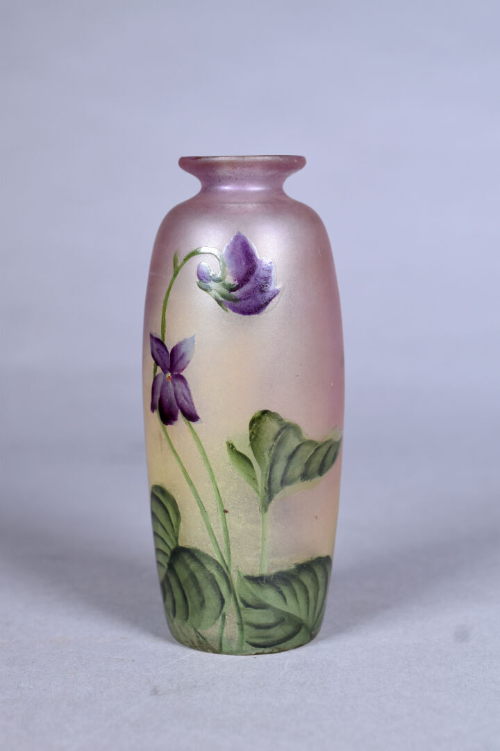 Vase En Verre émaillé Art-Déco Signé Mazoyer à Décor De Fle
